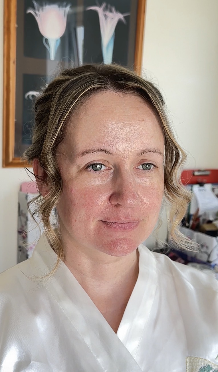 Suzanne before her bridal makeup, natural skin and curled bridal updo