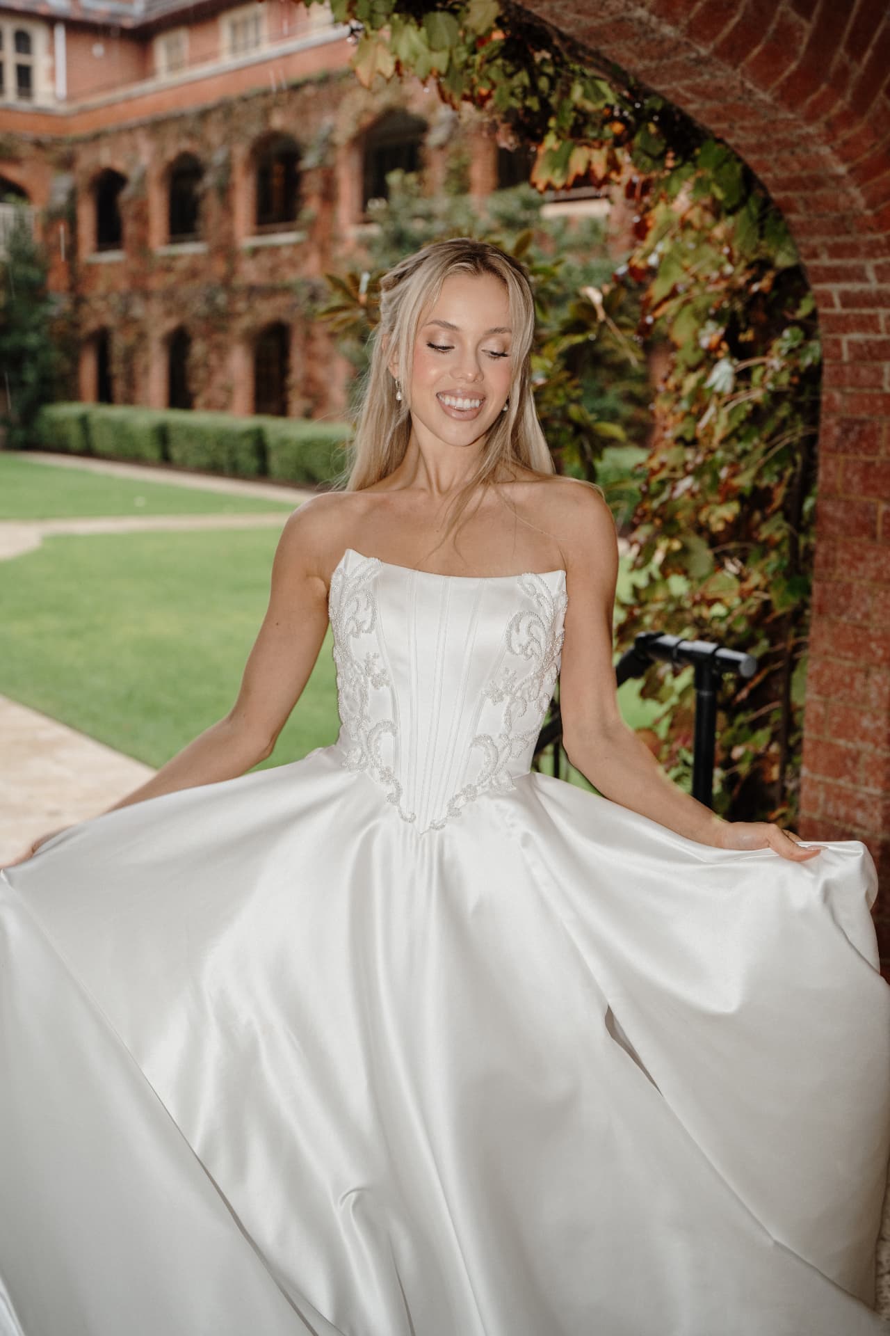 Bride wearing skin-like soft glam makeup and modern bridal hair by Wexford bridal hair and makeup artist Evelyn Kennedy