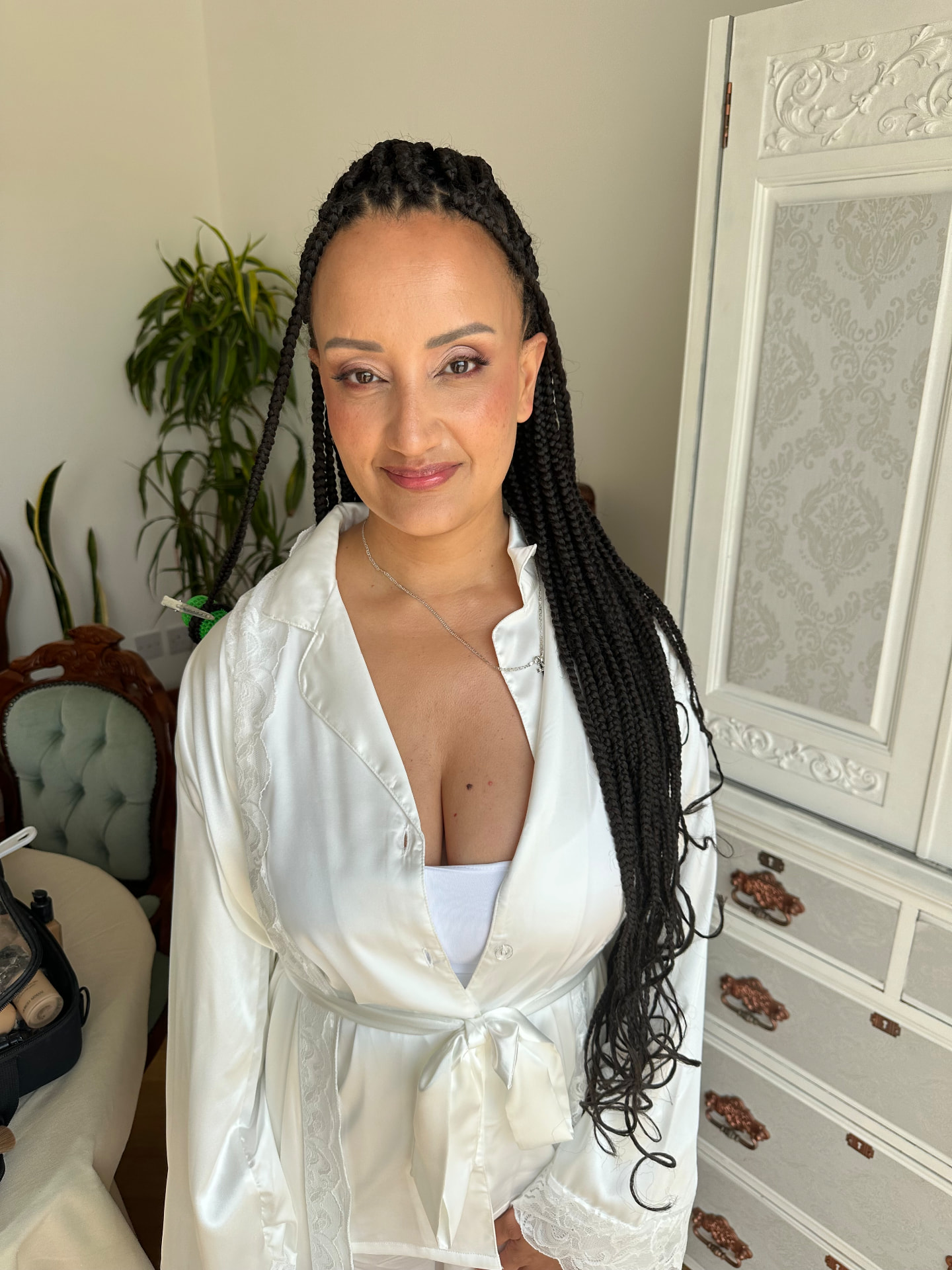 Lezette after her bridal soft glam makeup — flawless base, soft blush and defined eyes